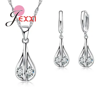 Jednoduché Svatební Svatební Šperky Set Pro Ženy 925 Sterling Silver Crystal Prohlášení Náhrdelníky Náušnice Šperky Set
