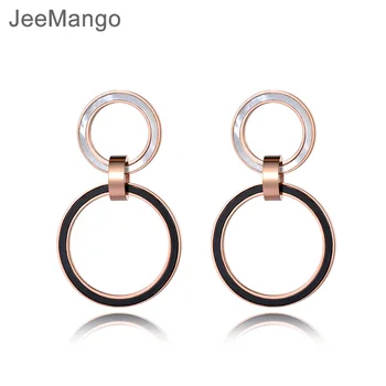 JeeMango White Shell & Black Akrylové Dvojitý Kruh Z Nerezové Oceli Stud Náušnice Růžové Zlato, Ruční Práce Ucho Šperky Pro Ženy E19011