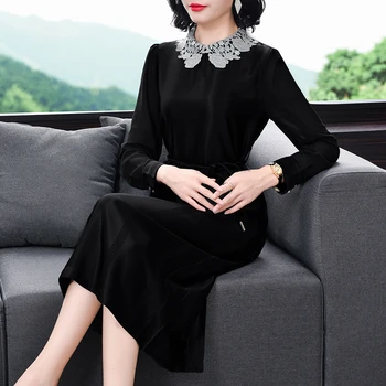 JiuMeiDai 2020 Ženy Jaro Podzim-Line Šaty Office Lady Elegantní Krajkový Límec Dlouhé Šaty Ženy Solidní Módní Party Oblečení