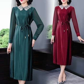 JiuMeiDai 2020 Ženy Jaro Podzim-Line Šaty Office Lady Elegantní Krajkový Límec Dlouhé Šaty Ženy Solidní Módní Party Oblečení