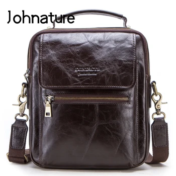 Johnature 2020 Nové Originální Kožené Vintage Univerzální Klapka Kapsy Plná Zip Módní Ramenní & Crossbody Taška Muži Messenger Bag