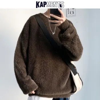 KAPMENTS Zimní Oblečení Muži Solidní Fleece Svetr 2020 Pánské Korean Harajuku Pletené Svetry Pulovry Muž Vintage Mikiny
