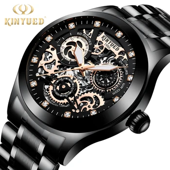 KINYUED Černé ocelové hodinky Muži náramkové Hodinky Muži Tourbillon Kostra Hodinky Světelný Vodotěsné Mužské Hodiny