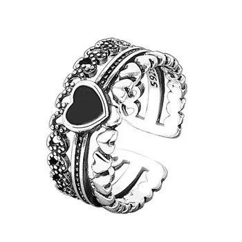 KOFSAC Vintage 925 Mincovní Stříbro Prsten Pro Ženy Šperky Romantické Černé Srdce Šířka Prstenů Lady Módní Valentýna Dárky