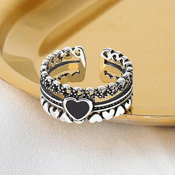 KOFSAC Vintage 925 Mincovní Stříbro Prsten Pro Ženy Šperky Romantické Černé Srdce Šířka Prstenů Lady Módní Valentýna Dárky