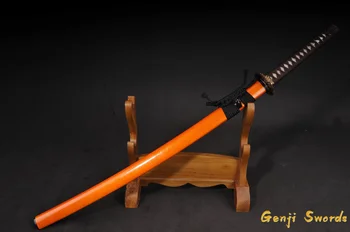 Kompletní Ruční Japonský Katana Damašku Složené Ocel Hlíny Tvrzené Skutečný Samurajský Meč Ostré Hrany Oranžová OX roh Saya