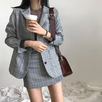 Korea Elegantní Sako Kabát Kostkované Mini Sukně, Sako, Oblek Office Lady Bunda Vysokým Pasem Sukně 2 Dílná Sada Oblečení pro Ženy