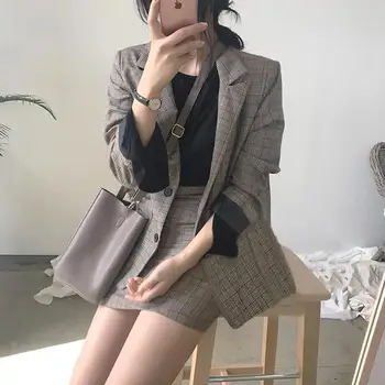 Korea Elegantní Sako Kabát Kostkované Mini Sukně, Sako, Oblek Office Lady Bunda Vysokým Pasem Sukně 2 Dílná Sada Oblečení pro Ženy