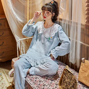 Korejský Sladký, Roztomilý, Spodní Prádlo, Spodní Prádlo, Roztomilé Dámské Pyžamo, Domácí Oblečení Podzim Zima Flanelové Oblečení Na Spaní Lounge Nosit Modré Růžové Nové
