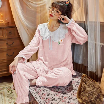 Korejský Sladký, Roztomilý, Spodní Prádlo, Spodní Prádlo, Roztomilé Dámské Pyžamo, Domácí Oblečení Podzim Zima Flanelové Oblečení Na Spaní Lounge Nosit Modré Růžové Nové
