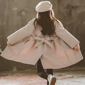 Korejský Styl Dívky Vlněný Kabát pro Dospívající Dívky, Svrchní Kabát Dětské Oblečení Zimní Tlustý Pás Vlněný Kabát RT564