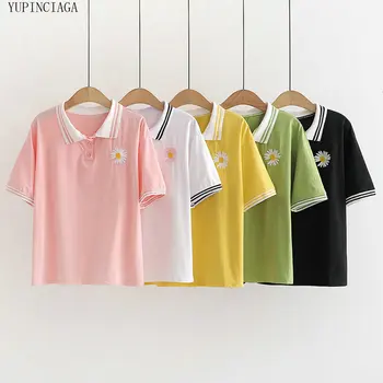 Korejský Styl Plná Barva T košile Umění Klopě Malá Sedmikráska Květ Výšivky s Krátkým Rukávem Večerními Límec Topy Tees
