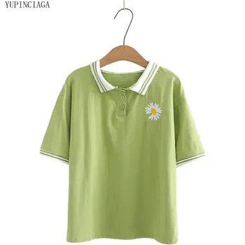 Korejský Styl Plná Barva T košile Umění Klopě Malá Sedmikráska Květ Výšivky s Krátkým Rukávem Večerními Límec Topy Tees