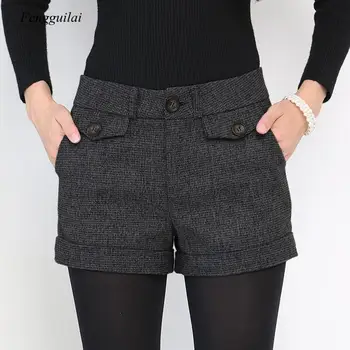 Korejský Vlněné Šortky Ženy 2021 Zimní Mini Krátké Kalhoty Feminino Podzim Zip Up Kapsy, Knoflíky Kostkované Dna Femme