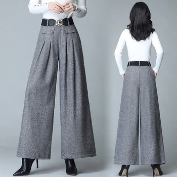 Korejský Šedé Vlněné Kalhoty Ženy Vysoké Pasu Culottes Kalhoty Plus Velikost Širokou Širokou Nohu Kalhoty Ležérní Kalhoty Módní 4xl Kalhoty Vintage