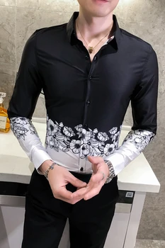 Košilku Homme Podzim Nový Dlouhý Rukáv Košile pro Muže Módní Patchwork Color Slim Fit Digial Print Tričko Pánské Tuxedo Streetwear