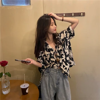 Krátký Rukáv Šifon Halenka Letní Příležitostné Ženy Košile Svetr Vintage Hong Kong Květinové Tlačítko Volné Dámské Oblečení 10273