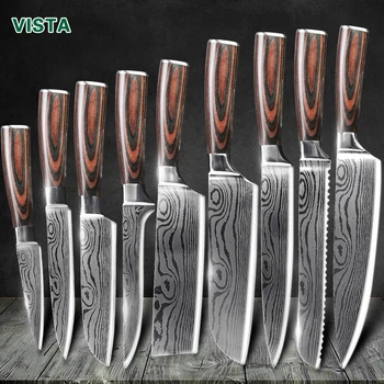 Kuchyňské nože Sada Profesionální kuchařské Nože Japonské 7CR17 440C Vysoce Uhlíkové Nerezové Oceli Imitace Damašku Vzor Nůž Set