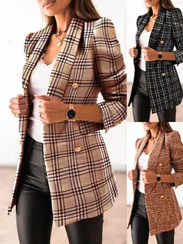 Lady oblek, límec sako kabát ležérní double breasted Kostkované obleky, kabát slim Office dámské Elagant elegantní kabáty na jaře roku 2021