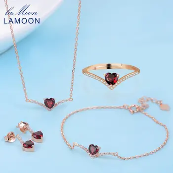 LAMOON Sterling Silver 925 Šperky Sady Pro Ženy Srdce Cut Red Garnet Drahokam 18K Rose Gold Plated Jemné Šperky V004-1