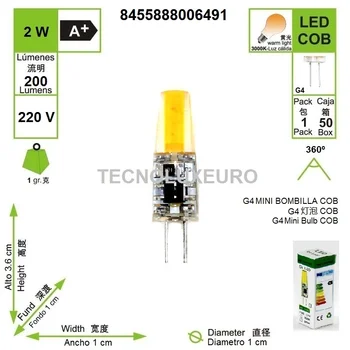 Lampara Bombilla LED G4 220V LED COB 3000 K luz Cálida 2 W, Equivalentes 20W Halógena (10-Unidades) 6491