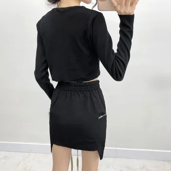 LANMREM cool street, nosit módní černé tři-dimenzionální kapsy multi-level stahovací pásek nad kolena sukně pro ženy 2A1025