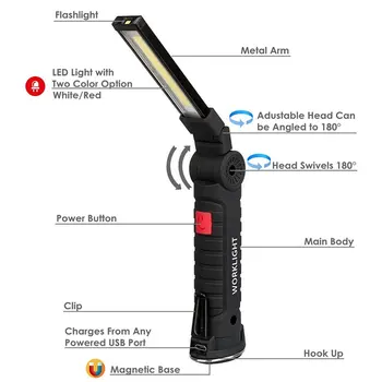 LED Pracovní Světlo USB Dobíjecí Svítilna Pochodeň Magnetické Flexibilní Inspekční Ruku Worklight Lampa Venkovní Reflektor