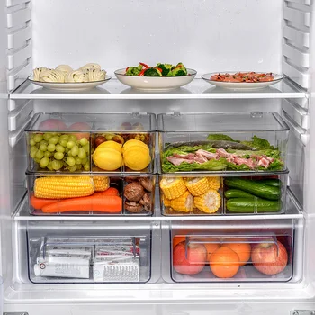 Lednice pro Skladování Potravin Box Kontejner s Víkem a Nastavitelný Dělič Pull-out Zásuvky Čerstvé Distanční Vrstva Storage Rack