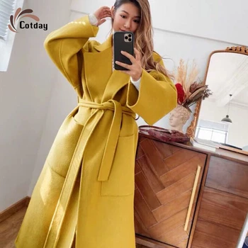 Leiouna Volné Dlouhé Žluté Páskem Dámské Módní High Street Klasické Korejské Vlněné Teplé Manteau Femme Křídel Zimní Kabát