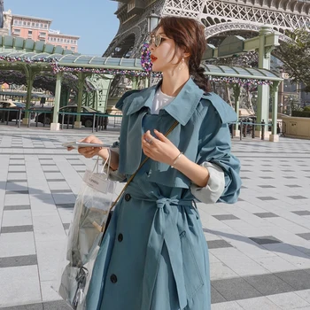 Leiouna X-Dlouhé Pevné Neformální Office lady Blue Nový 2020 Módní Ženy Kabát Dlouhý Páskem Bouře Jarní Podzimní Kabát Svrchních oděvů