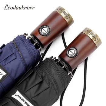 Leodauknow Tři skládací plně automatický módní Uv ochrana kovu, masivního dřeva rukojeť 10k pánské slunné a deštivé deštník.