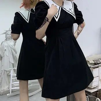 Letní korejská verze Harajuku styl jeptiška temný vítr retro slim zeštíhlující klopě puff sleeve malé černé šaty