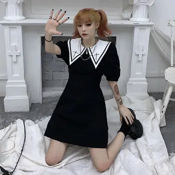 Letní korejská verze Harajuku styl jeptiška temný vítr retro slim zeštíhlující klopě puff sleeve malé černé šaty
