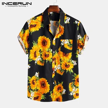 Letní Květinové Tištěné Muži Ležérní Havajské Košile Bavlna Krátký Rukáv Streetwear Klopě Beach Camisa 2021 Muže Značka Košile INCERUN