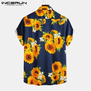 Letní Květinové Tištěné Muži Ležérní Havajské Košile Bavlna Krátký Rukáv Streetwear Klopě Beach Camisa 2021 Muže Značka Košile INCERUN