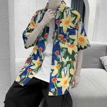 Letní Muži Květinové Tričko Módní 2020 Krátký Rukáv Ležérní Košile pro Muže Přední Kapsy Volné Streetwear Mladý Muž Halenka Homme