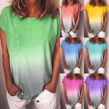 Letní Tričko Ženy Ležérní Trička Topy Rainbow Gradient Krátký Rukáv T-Košile, Letní T Košile Pro Ženy, Dámy Bavlna T Košile