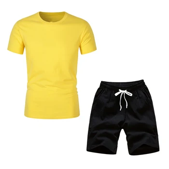 Ležérní sportovní oblečení, letní pánské oblek fitness suit sportovní oblek krátký rukáv T-košile + černé šortky 2 dílná sada 5 bodů kalhoty