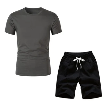 Ležérní sportovní oblečení, letní pánské oblek fitness suit sportovní oblek krátký rukáv T-košile + černé šortky 2 dílná sada 5 bodů kalhoty
