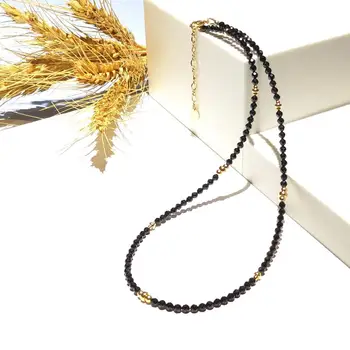 Lii Ji Mini 3mm Černý Spinel Přírodní Kámen Šumivé Korálkový Náhrdelník Americké 14K Zlato Naplněné Ručně vyráběné Šperky 40cm+5cm