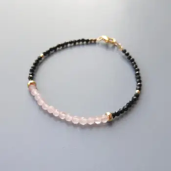 Lii Ji Skutečný Přírodní Rose Quartz Černá Spinel Drobné Korálky Náramek 14K Zlato Naplněné Šumivým Jemný Náramek Šperky