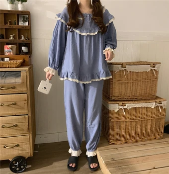 Lolita princezna roztomilé pyžamo dlouhý rukáv volánky domácí oblek solidní volné podzim zimní kalhoty, oblečení na spaní růžová modrá bavlna Y085