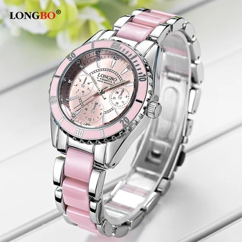 LONGBO Módní Quartz Hodinky Ženy Luxusní Imitace Keramické Slitiny Růžové Nepromokavé Quartz Hodinky Dámské Elegantní Náramkové hodinky