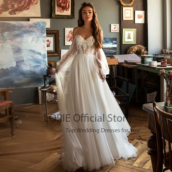 LORIE Boho Svatební Šaty O-Neck Nášivky Krajky Dlouhý Rukáv Délka Podlahy Princezna Svatební Šaty Nevěsta Šaty 2021 suknia slubna