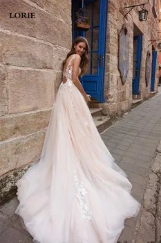 LORIE Šampaňské Bohémský Svatební Šaty Pláž A-Line Svatební Šaty s hlubokým Výstřihem Moderní Robe de mariee 2020 Svatební Šaty Plus Velikost