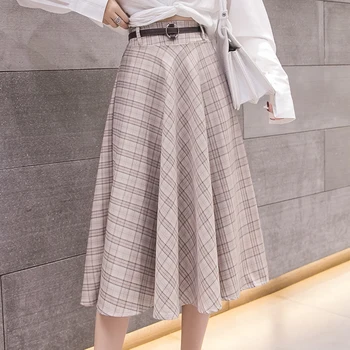 Lucyever Vintage Jarní Ženy Dlouhé Sukně Kostkovaný Čáru Vysokým Pasem Korejské Pás Lady Střední-Tele Sukně Elegantní Faldas Mujer Moda 2019