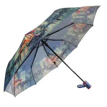 Luxusní Design Automatický Deštník, Déšť Ženy Saténové Látky Olejomalba Deštník Větruodolný Silný Rám Vodotěsné Складной Зонт