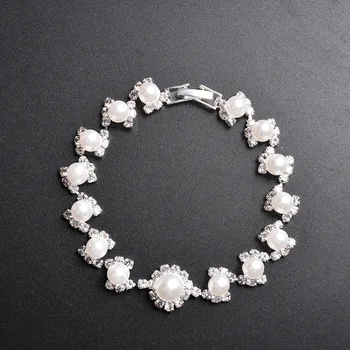 Luxusní Dámské Bílé Perlový Náramek Classic Gold Stříbrná Barva Řetěz Náramky Pro Ženy Módní Kulatý Krystal Svatební Náramek