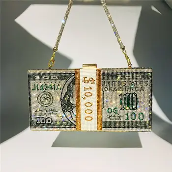 Luxusní Kabelky Peníze, Spojka Drahokamu Kabelka 10000 Dolarů v bankovkách Večerní Kabelky přes Rameno Svatební oběd Pytel