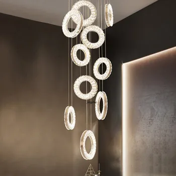 Luxusní Moderní LED Křišťálové Stropní Lustry Prsteny Dlouho Visí Lampa pro Villa Točité Schodiště Lustr Svítidlo Lesk